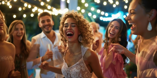 Amigos dançando e rindo juntos em uma recepção de casamento