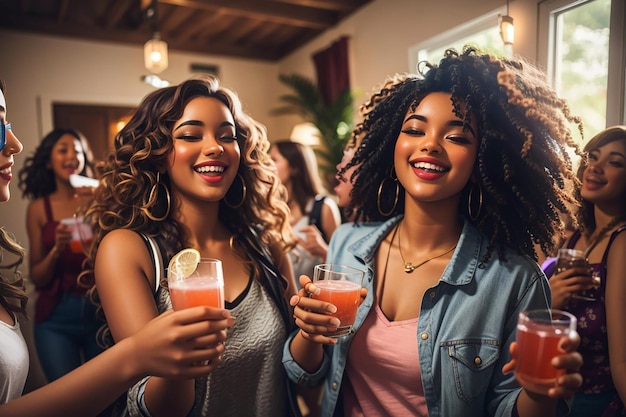 Foto amigos dançando segurando bebidas na festa em casa mulheres jovens se divertindo e se divertindo na festa em casa