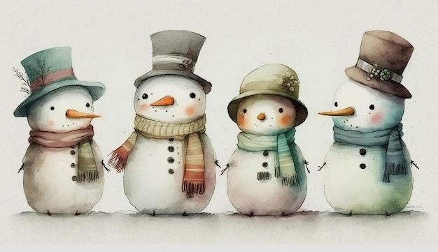 Amigos de bonecos de neve em aquarela IA generativa