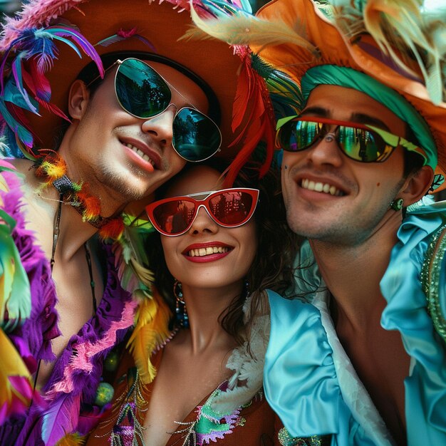 Amigos de foto de baixo ângulo vestidos para o carnaval