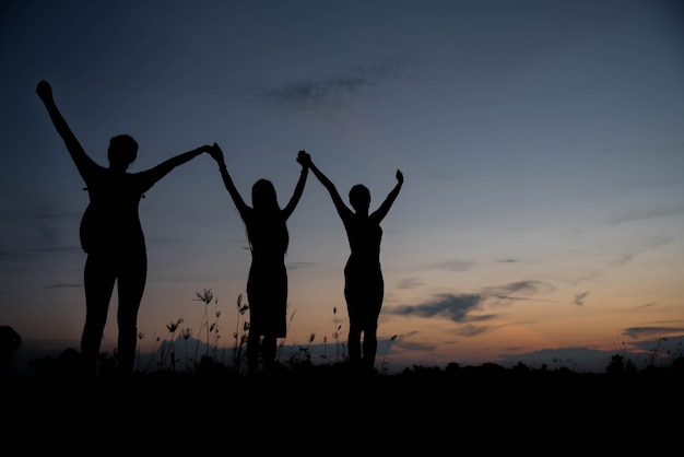 Amigos de mãos dadas ao pôr do sol.