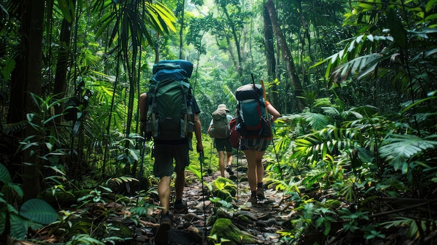 Amigos de mochila atravessando uma floresta densa com mochilas