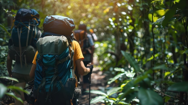 Amigos de mochila atravessando uma floresta densa com mochilas