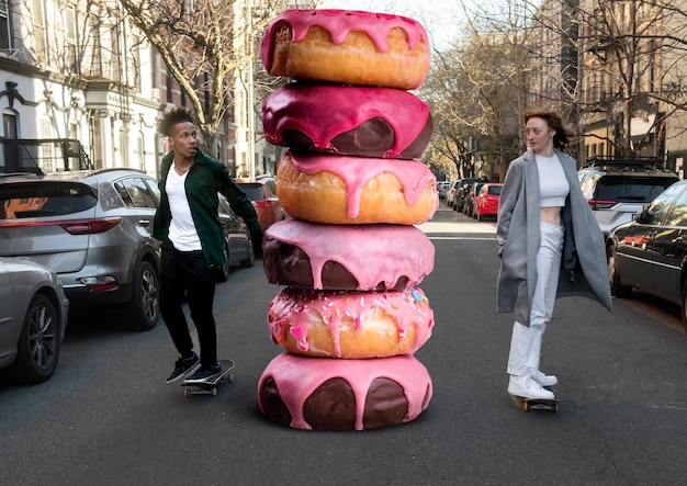 Foto amigos de tiro completo com rosquinhas ao ar livre