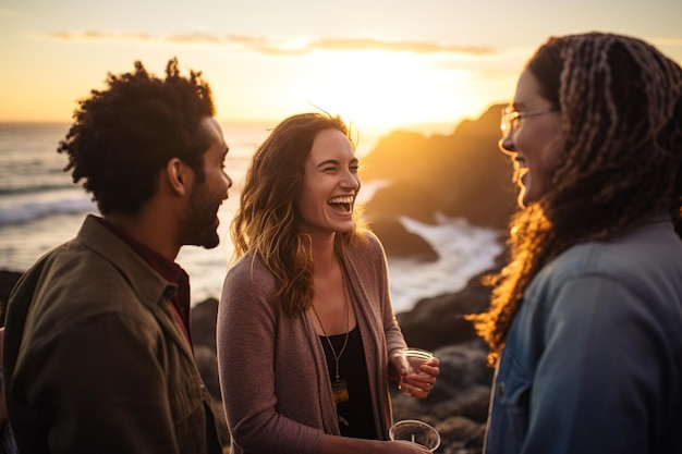 Amigos de várias raças desfrutam do pôr-do-sol ao lado do mar