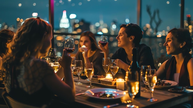 Foto amigos desfrutando de uma festa de jantar no telhado na cidade à noite a mesa é colocada com comida de vinho e velas as luzes da cidade estão no fundo