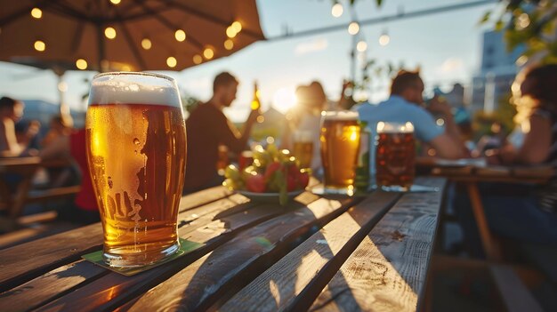 Amigos desfrutando de uma festa no jardim de cerveja no telhado com vistas da cidade e cervejas artesanais