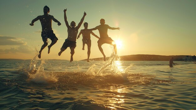 Foto amigos despreocupados a saltar para o mar ao pôr-do-sol.