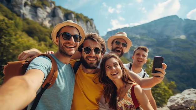 Amigos despreocupados em uma viagem de carro tiram uma selfie com a impressionante paisagem montanhosa ao fundo