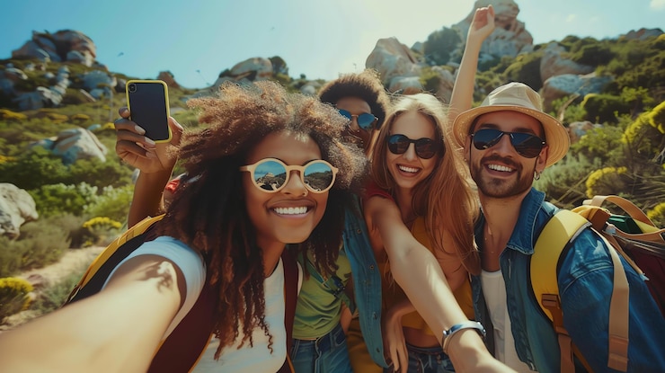 Foto amigos despreocupados y felices en un viaje en coche toman una selfie
