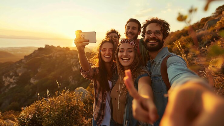 Foto amigos despreocupados no topo da montanha ao pôr-do-sol