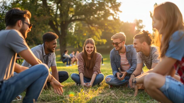 Amigos despreocupados relajándose en el parque disfrutando del sol y la compañía del otro.