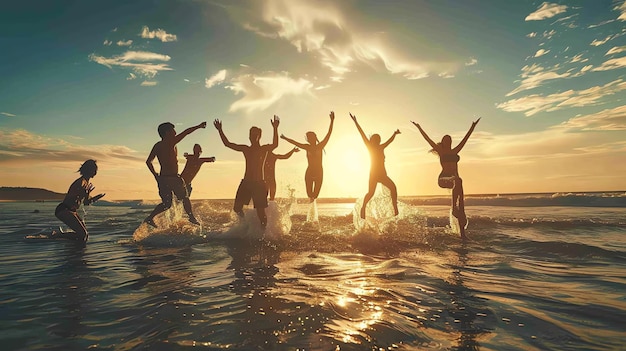 Foto amigos despreocupados saltando de alegría en el océano al atardecer