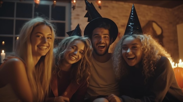 Amigos con disfraces espeluznantes divirtiéndose en la fiesta de Halloween