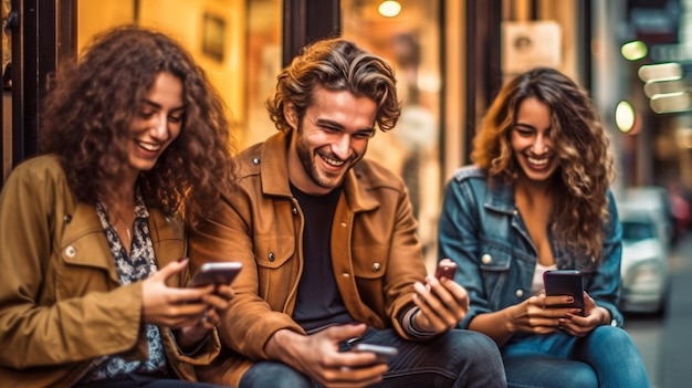 Foto los amigos disfrutan de la ia generativa y los teléfonos inteligentes móviles