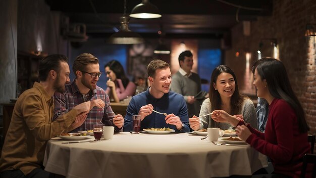 Foto amigos disfrutando de un almuerzo en un restaurante