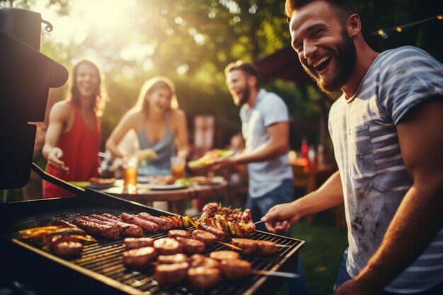 Amigos disfrutando de una barbacoa al aire libre el 4 de julio Generative Ai