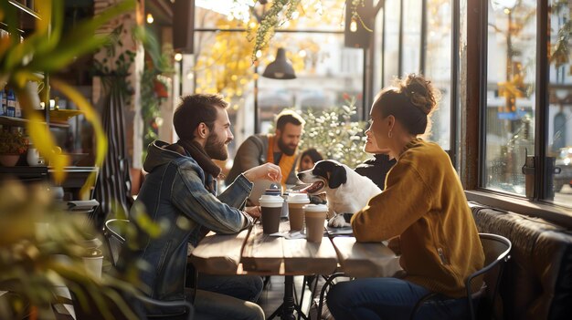 Foto amigos disfrutando de café en un café un hombre y una mujer están sentados en una mesa en un café hablando y riendo
