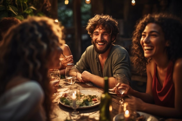 Amigos disfrutando de una cena de pasta en el restaurante AI