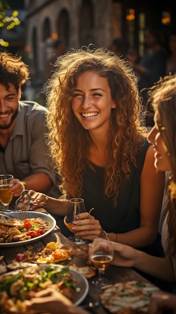 Amigos disfrutando de la comida juntos en una imagen panorámica en un restaurante al aire libre