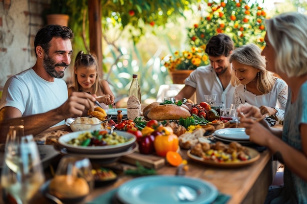 Amigos disfrutando de una comida juntos en un restaurante Familia italiana reunida alrededor de una cena dominical Generada por IA