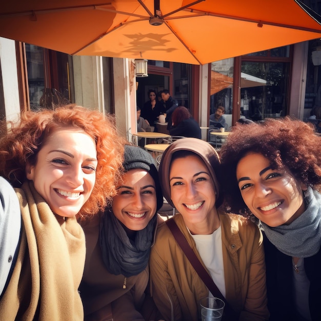 Foto amigos disfrutando de un delicioso almuerzo en un café callejero sintiéndose bendecidos y radiando felicidad