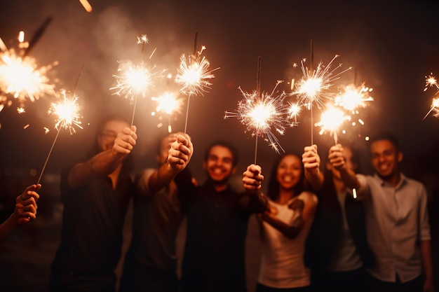 Amigos disfrutando de una feliz noche de fiesta de año nuevo sosteniendo luces de Bengala en las manos generativo ai