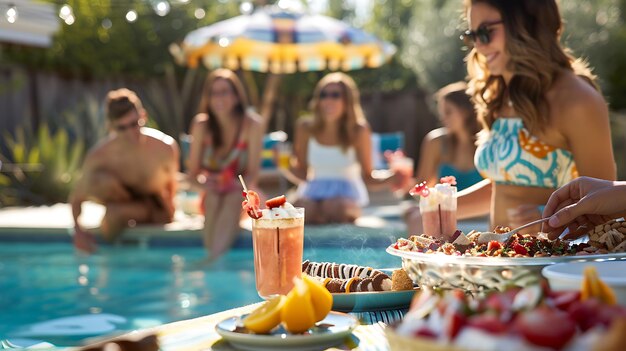 Amigos disfrutando de una fiesta en la piscina en un caluroso día de verano están comiendo comida deliciosa y bebiendo cócteles refrescantes