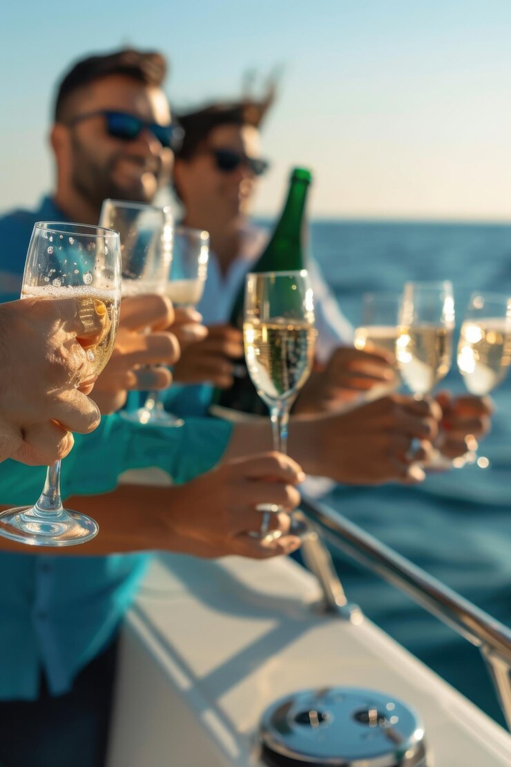 Amigos disfrutando de una lujosa fiesta en un yate brindando con champán tomando el sol y celebrando la vida juntos