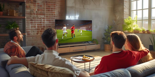 Amigos disfrutando de un partido de fútbol en la TV en una acogedora sala de estar con decoración moderna relajación nocturna AI