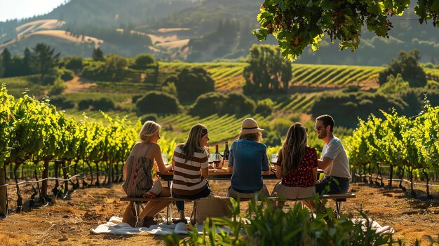 Foto amigos disfrutando de un picnic en un hermoso viñedo un grupo de amigos sentados en una manta en un viñedo verde exuberante