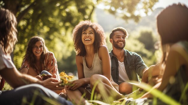 Foto amigos disfrutando de un picnic soleado en el parque