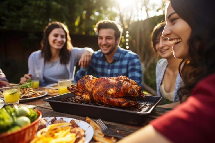 Amigos disfrutando de pollo a la parrilla hecho en casa