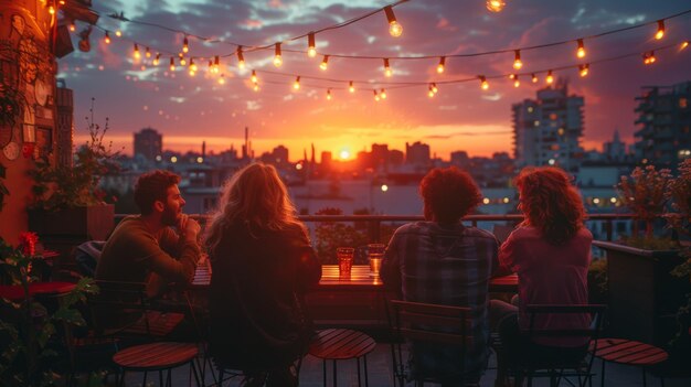 Foto amigos disfrutando de la reunión al atardecer en el techo de una ciudad