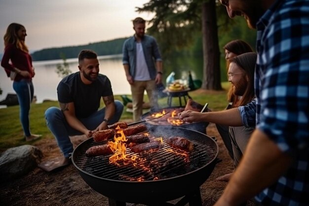 Foto amigos disfrutando del tiempo de barbacoa en la naturaleza