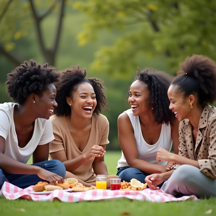 Amigos disfrutando de un vibrante picnic al aire libre con comida y bebidas