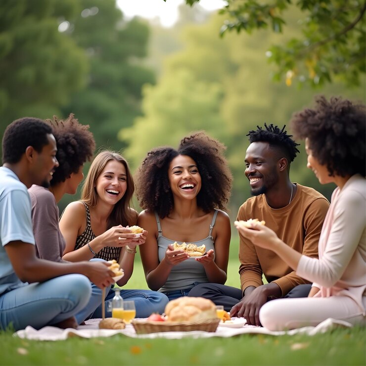 Amigos disfrutando de un vibrante picnic al aire libre con comida y bebidas
