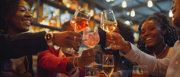 Amigos diversos brindam e batem copos de vinho em celebração Jovens bonitos se divertem em bar-restaurante elegante