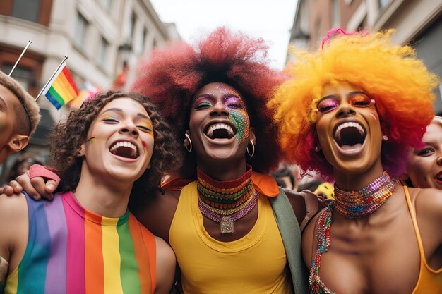 Amigos diversos entusiasmados com vestidos coloridos e perucas a rir-se na rua.