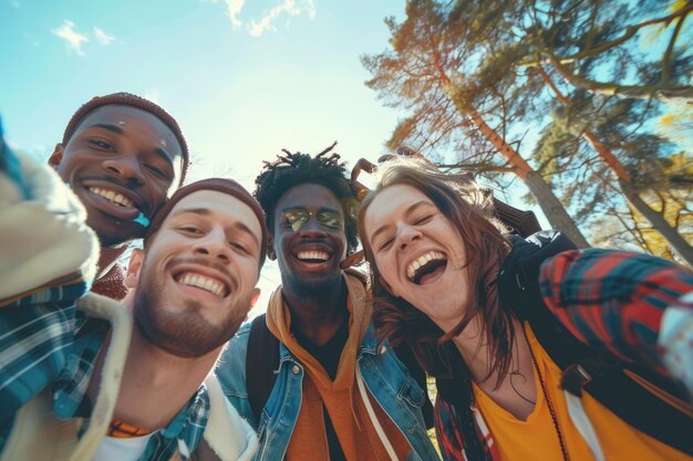 Foto amigos diversos fazendo selfie divertido com filtro retro