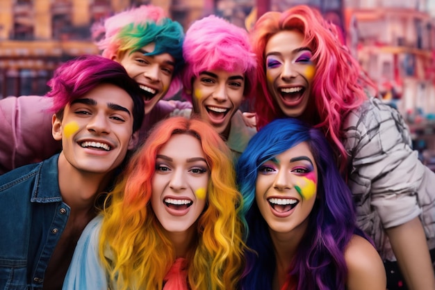 Amigos diversos felizes com penteados coloridos desfrutando do dia LGBT