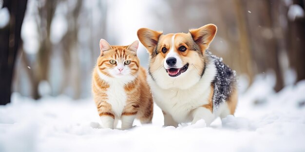 Amigos divertidos, un perro corgi y un gato rayado.