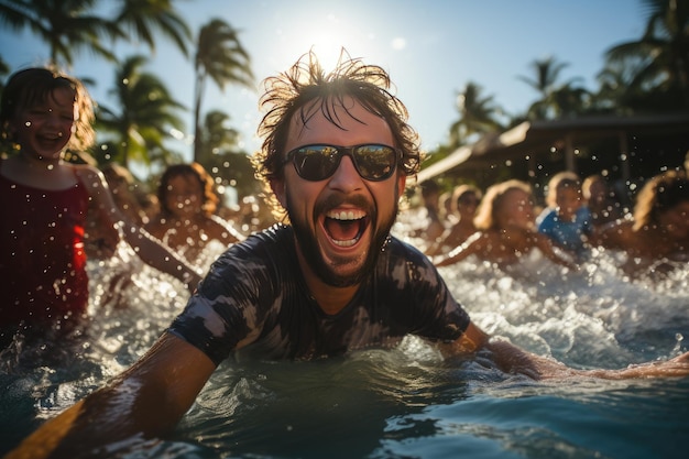 Amigos divirtiéndose en una piscina tropical generativa IA