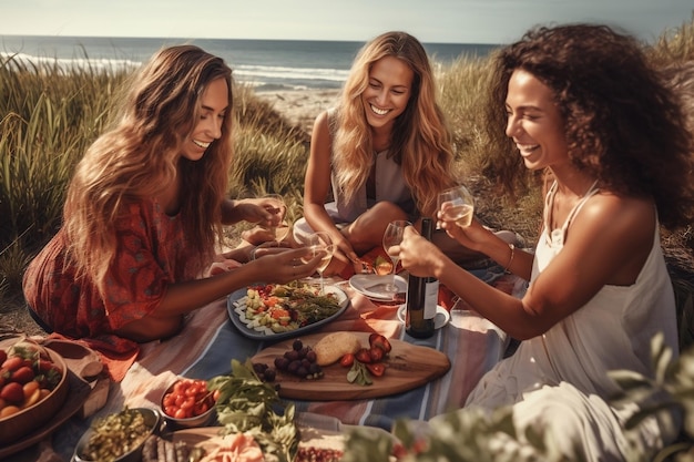 Amigos divirtiéndose en la playa IA generativa