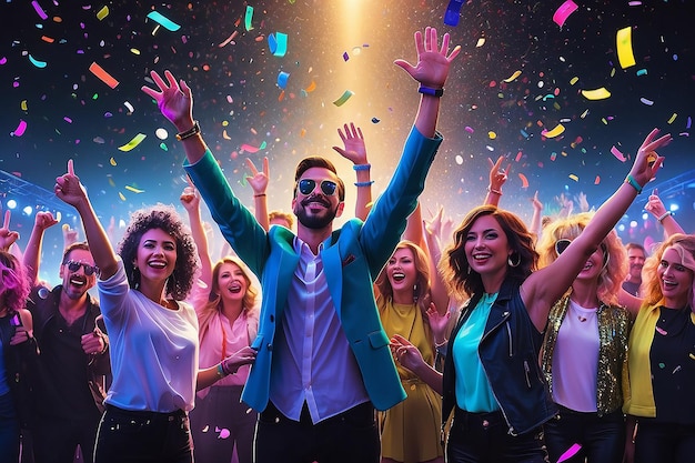 Amigos do festival corporativo em discoteca moderna de néon com confetes voadores mãos para cima