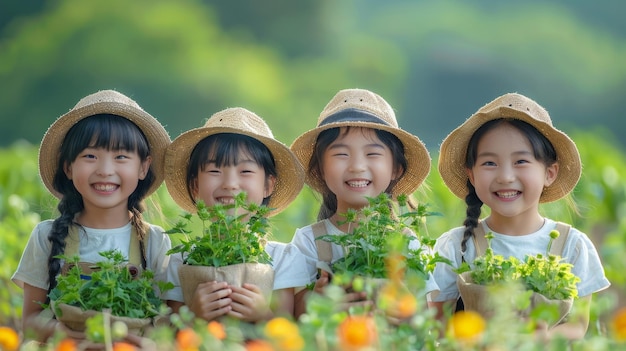 Amigos do jardim de infância jardinagem compartilhamento em aventura agrícola AI Generative