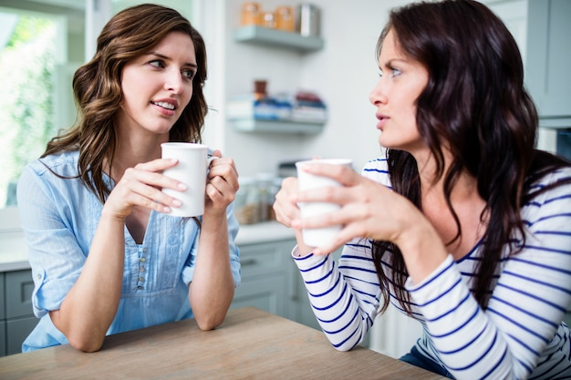 Amigos do sexo feminino segurando canecas de café enquanto discutia na mesa