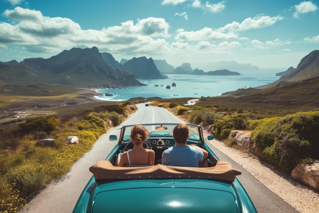 Foto amigos em conversível em uma viagem nas montanhas e vista para o mar no pôr do sol