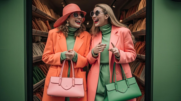 Amigos emocionados con bolsos color coral y verde lima