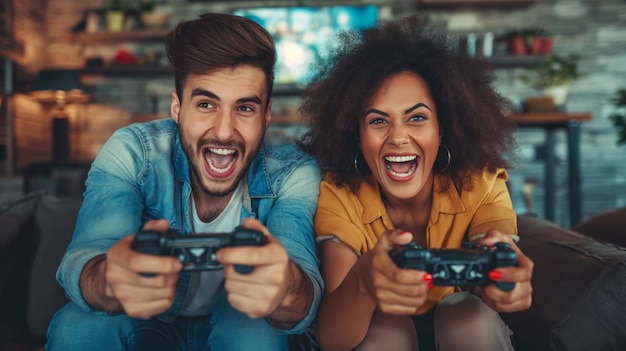 Amigos emocionados jugando videojuegos en la consola en casa Amigos entusiastas se reúnen en casa absortos en videojuegos multijugador en una consola que irradia alegría y camaradería